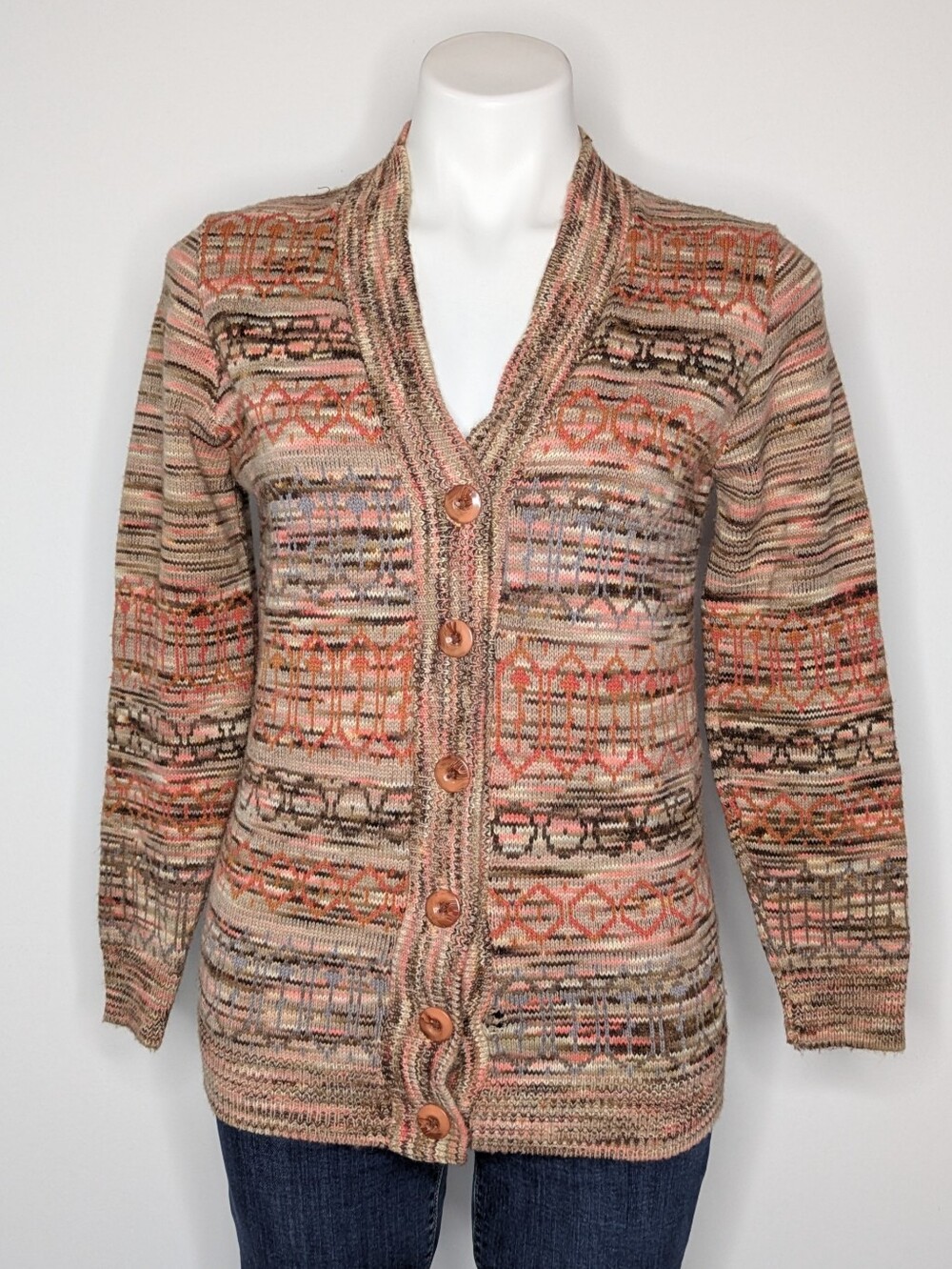 Vintage Jane Irwill Tan Orange Geometric Long Sleeve Button Up Cardigan Sweater